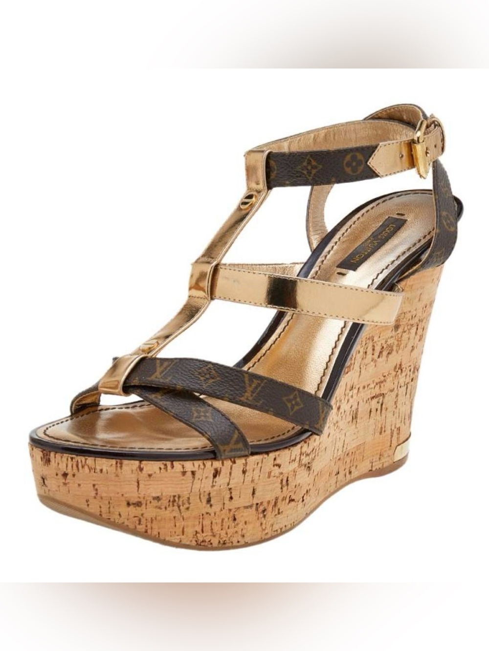 Louis Vuitton Monogram Canvas and Gold Leather Open-Toe Wedge Sandals